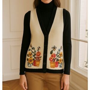 Vintage Bechamel Floral Vest Medium Cream Black Knit Sleeveless Garden Button Up